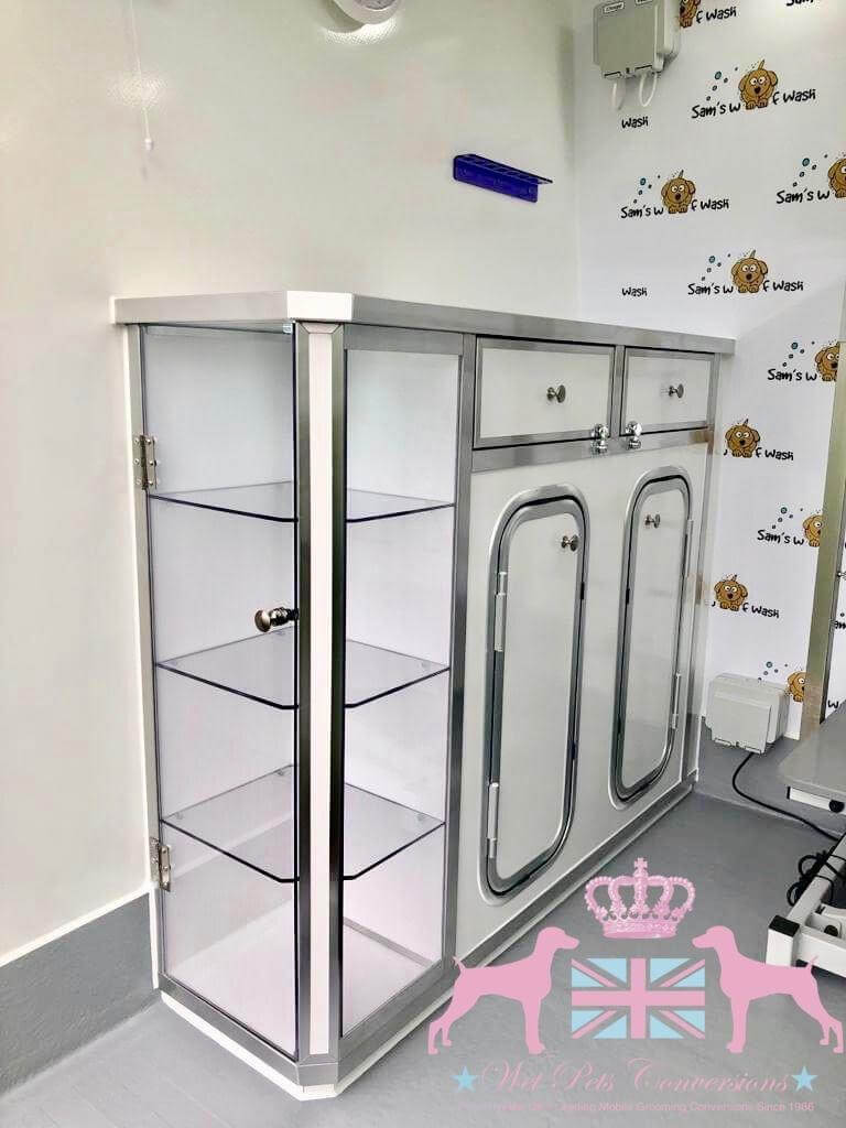 Display cabinet of grooming extras, treats and spa add-ons